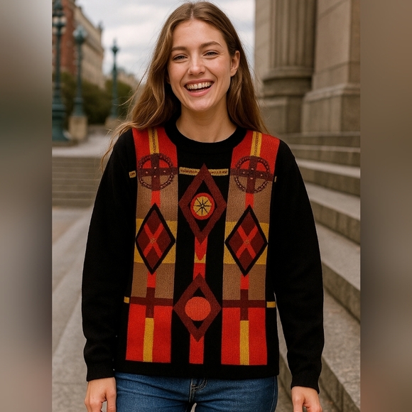 Chunky Knit  Sweater Color Blocks Beaded Embroidery Retro Vibe XL - Picture 1 of 7